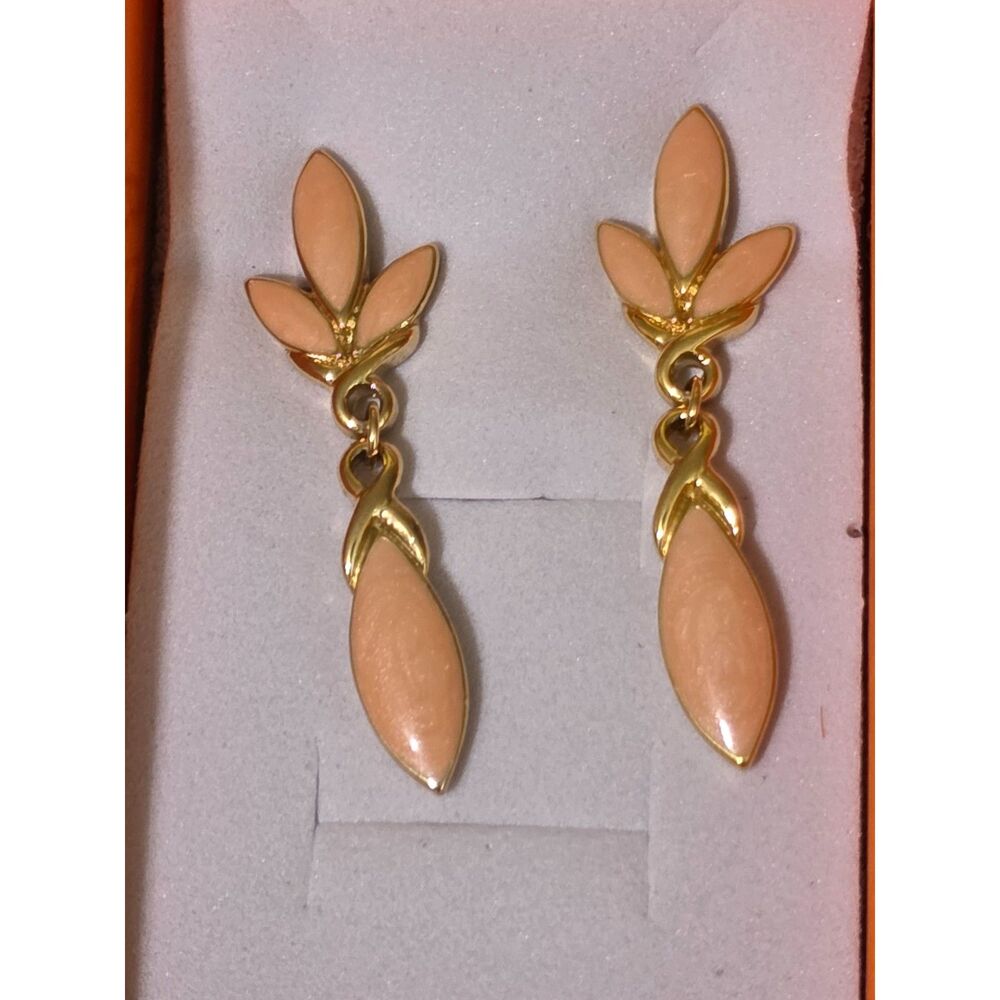 Vintage Trifari Pink Dangle Earrings, Angel Skin Lucite Thermoset Gold Tone Leaf